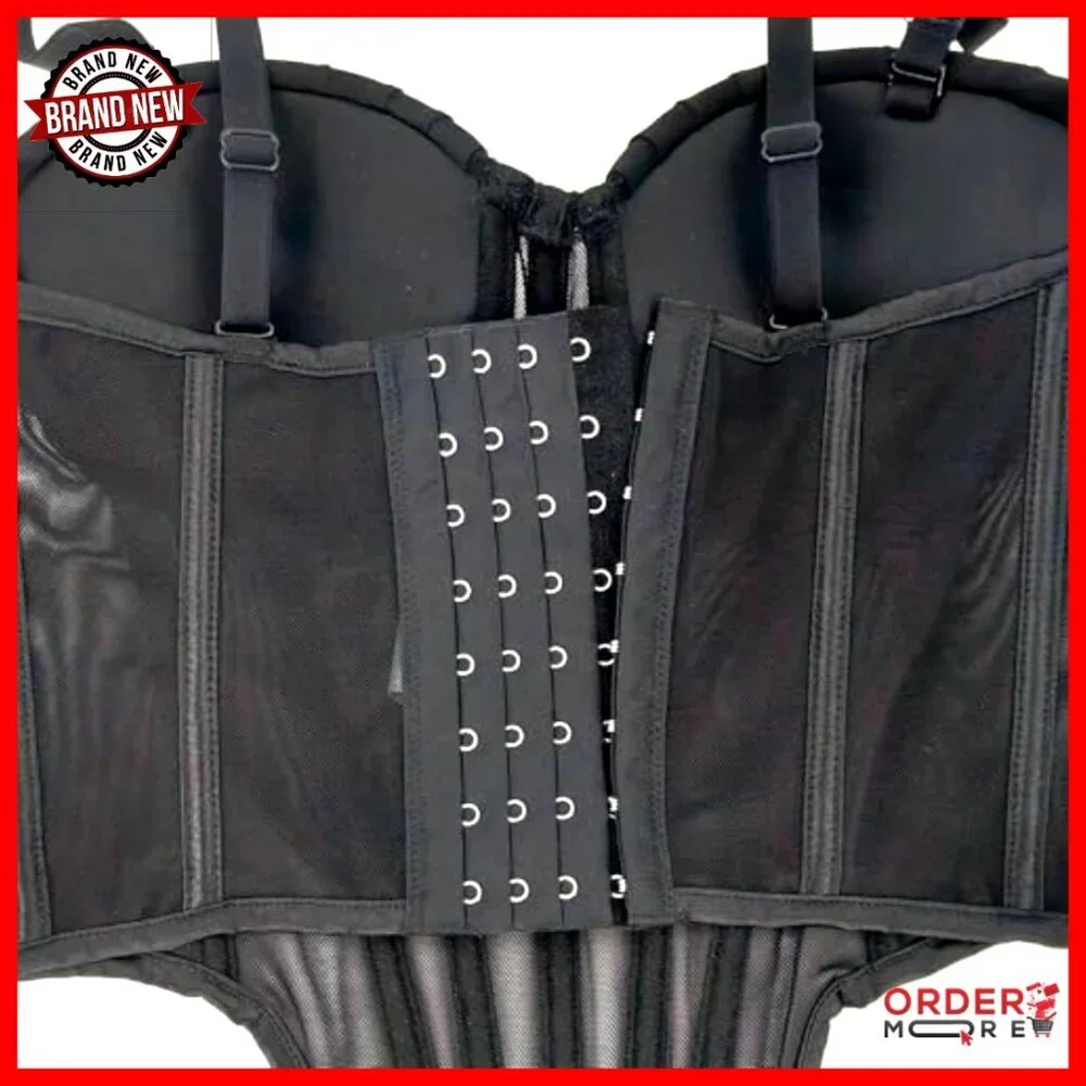 Sheer Mesh Corset Top with Pleated Cups Underwire Bustier Adjustable Straps - Picture 6 of 7
